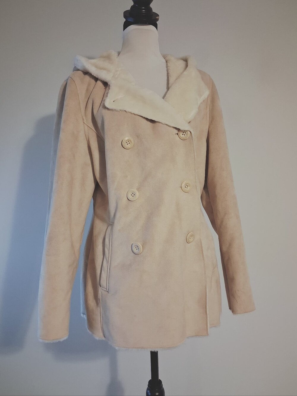 Women’s Cream Double-Breasted Faux Suede Coat with Hood Size Large
